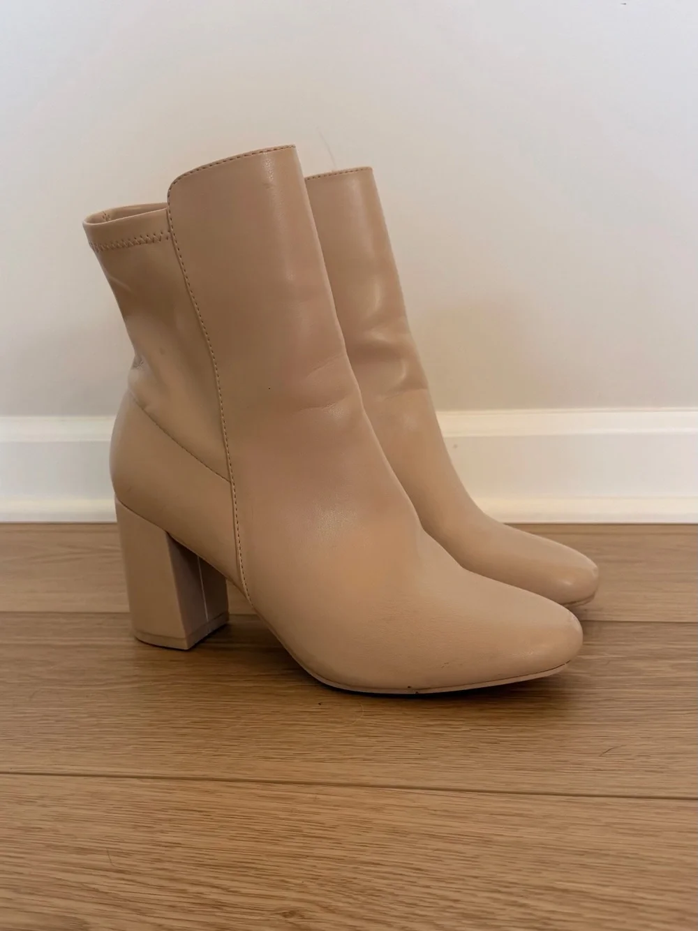 MIA Beige Leather Ankle Booties with Block Heel